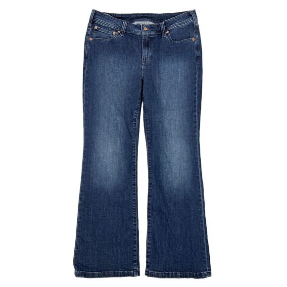 GAP ‘70s Flare Low Rise 32 / 14 Regular Dark Indigo Blue Jeans Denim EUC B43 - Picture 2 of 6